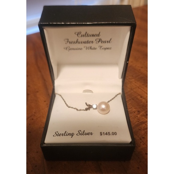 Sterling Silver Cultured Freah Water Pearl Necklace Geniune White Topaz NEW $145 - Picture 3 of 5